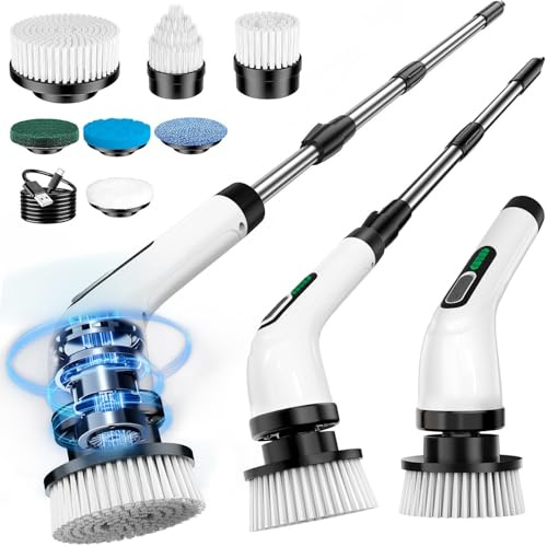FYDEE Electric Spin Scrubber, Cordless Cleaning Brush with 7 Replaceable Brush Heads, IPX7 Bathroom Cleaner Brush, Shower Power Scrubber, Rechargeable Scrubber for Kitchen, Bathroom, Tile, and Floor