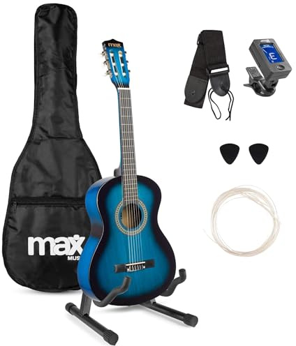 MAX SoloArt Junior 3/4 guitarra clásica infantil con soporte MAX GP20, cuerdas de nailon, funda mochila, afinador digital, correa, púas, cuerdas extra, para niños de 8 a 12 años
