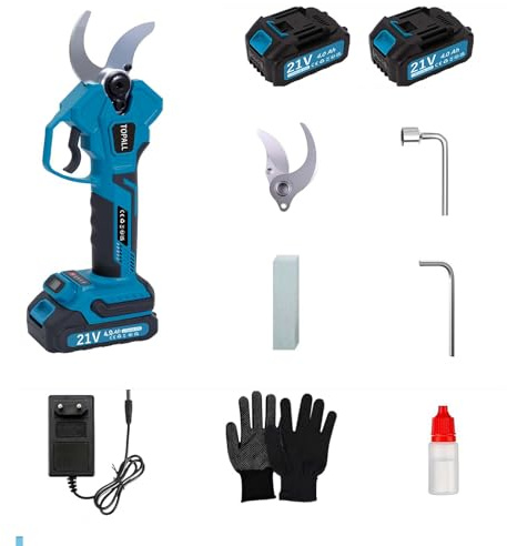 TOPALL Tijeras de Podar Electricas, 40MM Tijeras de Podar Bateria, Profesionales Podadora Electrica con 2x4000mAh | 800W Motor Sin Escobillas | Pantalla LCD para Árboles,Huertos,Jardinería
