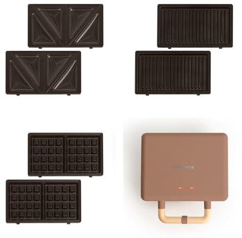 CREATE/STONE STUDIO/Sandwichera-Grill y gofrera doble verde moca / 3 placas intercambiables: Grill, Gofre y Sandwich, antiadherente, apertura 100º, 2 rebanadas, autoapagado, retro, 800W
