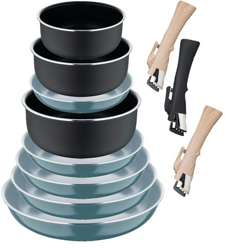 Set de 5 Sartenes Ø18Ø20Ø22Ø24Ø26cm color Verde + 3 Cazos Ø16Ø18Ø20cm + 3 Mangos extraibles color Negro -Aluminio prensado Click&Cook Bergner