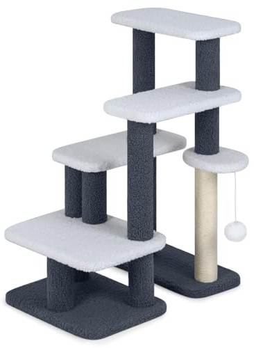 GOPLUS Katzentreppe 4-stufige, 2 in 1 Kratzbaum Hundetreppe mit Sisal-Kratzpfosten, 4 große Plattformen & hängender Plüschball, Haustiertreppe 77cm hoch stabil, Katzenbaum für Katze & Hunde
