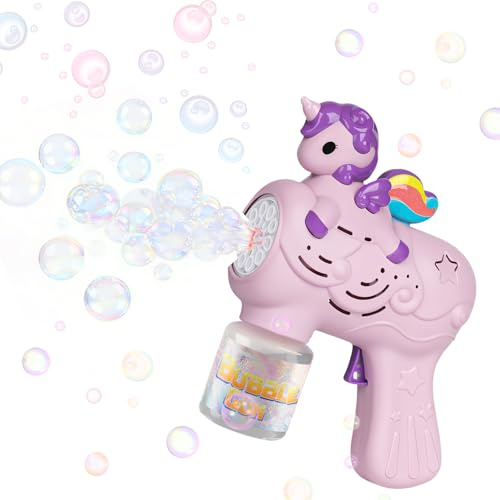 Bubble Gun - Electric Bubble Machine with 4 Batteries, Garden Toys for Boys and Girls, 12 Hole Fully Automatic Unicorn Bubble-Gun with a Bubble Mixture, Bubbles Toy for Kids (Purple)