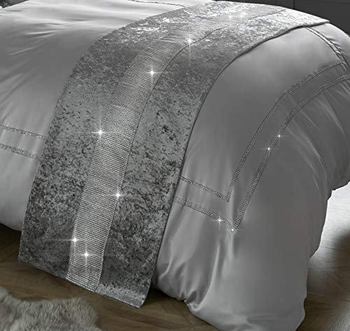 Red Rainbow Diamante & Crushed Velvet Bed Runner Sparkle Silver/Grey