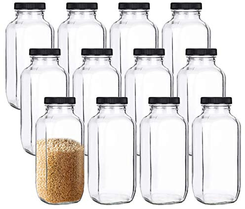 yarlung 12 Pack 17Oz French Glass Spices Jars with Plastic Lids, Clear Square Water Juice Bottles for Storing Herbs, Condiments, Cereals, Milk, Beverages, Kitchen, Pantry, Office