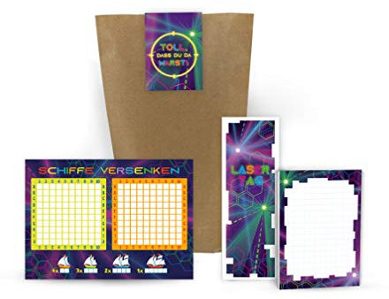 Junaversum 10 Schiffe versenken + 10 Blöcke + 10 Lesezeichen + 10 Geschenktüten + 10 Aufkleber Laser Tag Lasertag-Party Mitgebsel Gastgeschenk beim Geburtstag Kindergeburtstag Jungen Mädchen