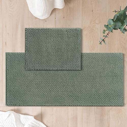 FRESHMINT Chenille Bathroom Rugs Set - 2 Piece 17x24 + 20x47, Non-Slip Bath Mats, Water Absorbent, Washable Shower Floor Mat, Sage Green