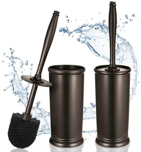 HAMITOR Toilet Bowl Brush Holder Set: 2 Pack Modern Deep Cleaning Bathroom Toilet Scrubber with Caddy for rv - Rim Decorative Accessories Cleaner Brushes for Toilet - Bronze1