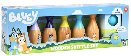 Bluey Wooden Bowling Set – Skittle Game with 6 Character Wooden Bowling Pins, Durable Toy for Kids Ages 3+, Indoor & Outdoor Play