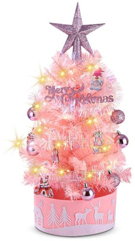 Mini Weihnachtsbaum Kleiner Weihnachtsbaum mit Beleuchtung LED Tisch Weihnachtsbaum klein künstlich geschmückt für Weihnachten Deko für Weihnachten Deko 60cm (Rosa)