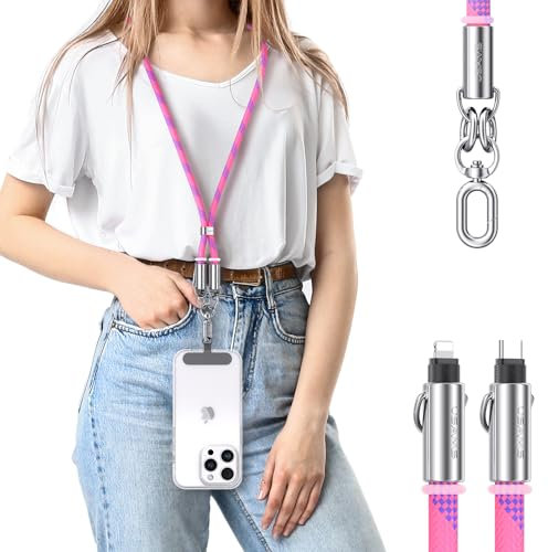 enablink Cadena universal para teléfono móvil, adecuada para todos los smartphones con 2 parches universales, 30W Cable USB C a IP Cable de Carga Rápida, correa ajustable y extraíble 1.2M Rosa