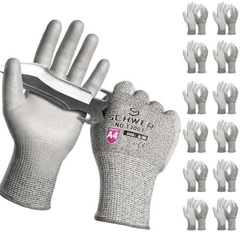 Schwer 12 Pares de Guantes de Trabajo Anti-Corte Nivel 4/D con Revestimiento PU - Antideslizantes y Duraderos para Manipulación de Metal, Carpintería y Construcción,M
