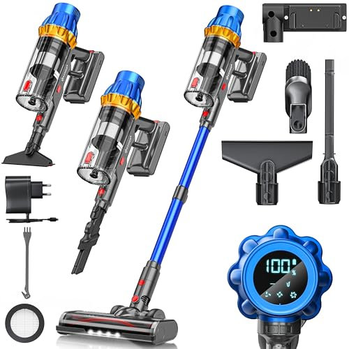 KESSER® Akku Staubsauger kabellos bis 70 Min. Laufzeit & Leise | Akkustaubsaguer mit LED Display Stabstaubsauger beutellos mit Anti-Tangle-Bodenbürste für Hartböden Teppich Tierhaare