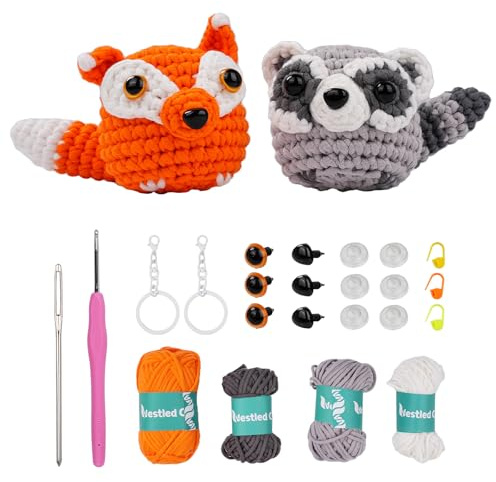 YUMILI Nybörjare virkad startkit, virkningsset för nybörjare, djur virkpaket komplett amigurumi startset med videohandledning gör-det-själv virkning kit för barn vuxna, gåva för hantverksälskare (räv