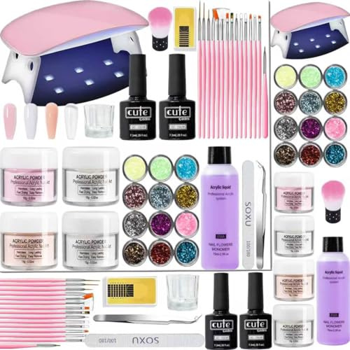 CENBEII Acrylic Nail Kit Acrylic Powder: 4 Colors Powder Nude Pink Transparent White - 75ml Acrylic Liquid and Nail Lamp Nail Practice Kit for Nail Art Enthusiasts