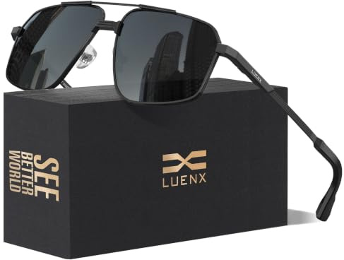 LUENX Polarised Sunglasses Mens Womens UV400-Protection Square Polygon Sunglasses Retro Sun Glasses Ultralight Shades For Cycling Driving Fishing 60mm,Black Lens Black Frame