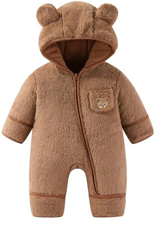 JiAmy Newborn Baby Snowsuit Fleece Winter Snow Suits, Bear Hooded Footed Romper Cartoon Baby Girls Boys Clothes Outfits Coffee 0-3 Months