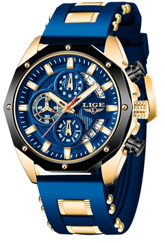 LIGE Reloj Analógico Hombre Elegante Analogico Caballero Clasico Vintage Mens Watches Cuarzo 3ATM al Agua Correa de Silicona Azul con Fecha Luminosa Negocio Relojes Pulsera Hombre, Dorado y Negro