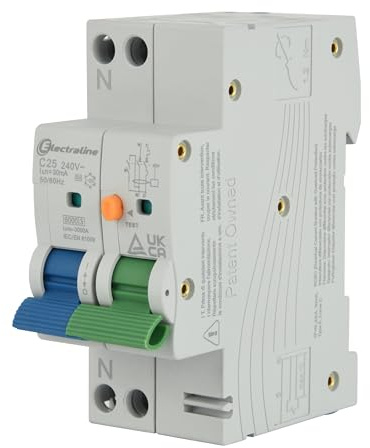 Electraline 87013 Fehlerstromschutzschalter (FI-Schalter), 25 A, Typ A, Kennlinie C, Empfindlichkeit 30 mA, Anschluss 1P+N