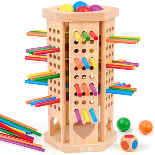 Brdokit Montessori-spel, brädspel i trä med 42 stycken färgglada träpinnar spel tärningsspel, Montessori leksak från 3 4 5 6 år, finmotorik spel för familjespel barnspel resespel