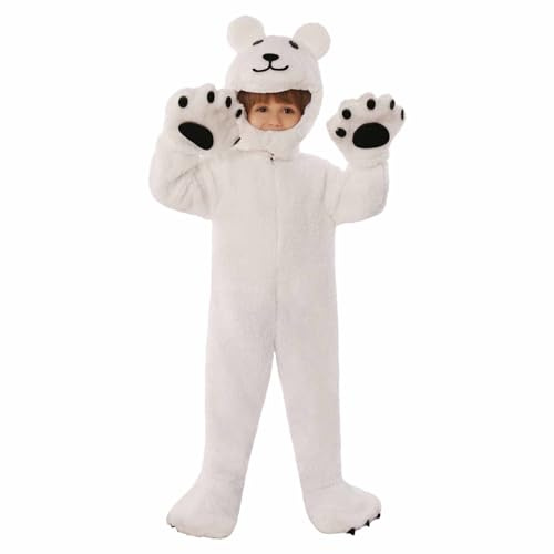 Déguisement Ours Polaire Enfant, Déguisement Animaux pour Garçon et Fille Combinaison Pyjama à Capuche Doux, Costume d'animal Mignon pour Carnaval, Fête d'anniversaire, Noel 5-8 Ans
