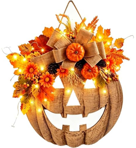 Twinkle Pumpkins,Warm LED Harvest Fall Wreath,Farmhouse Halloween Wreath for Front Door,Autumn Pumpkin Decor for Porch Home