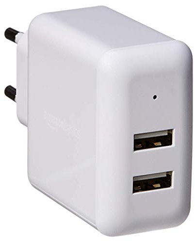 Amazon Basics Cargador USB de pared de dos puertos (2,4 amperios), 1 unidad, Blanco