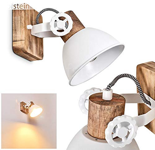 Lampada da parete Orny, spot da parete in design retrò/vintage, lampada da parete regolabile in metallo/legno in bianco, 1 luce, 1 attacco E27, senza lampadina/e