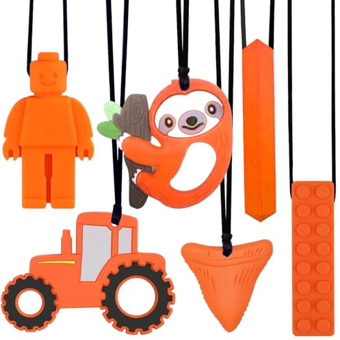 Kaukette für Kinder, 6 Stück Sensory Kauen Halskette, Silikon Beißring für Baby, Autismus Spielzeug für Jungen und Mädchen, Perfekt für Kinder mit ADHS, Zahnen, Beißende, Fingernägel Kauen (Orange)