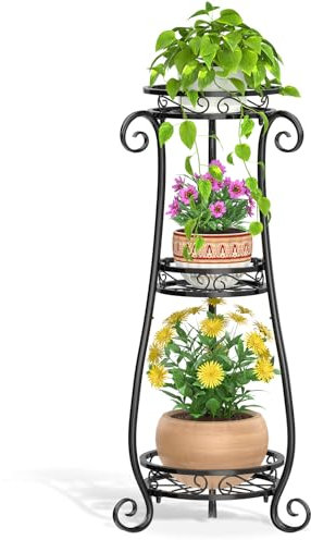 VASZOLA 3 Tier Black Metal Plant Stand for Multiple Large Planters Indoor Outdoor Organizer, Heavy Duty Tall Flower Stand for Corner Patio Bathroom Office, Modern Sturdy Vertical Iron Rack, Cat Proof