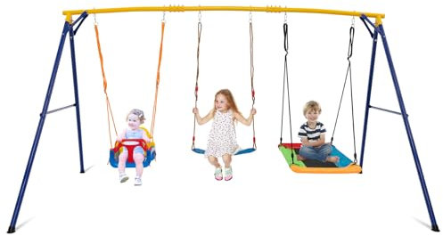 Maxmass Kids Metal Swing Set with Nest & Belt Swings, Outdoor Playset for Garden Playground (Yellow Frame and 3 Swings)