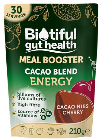 Biotiful 7-in-1 Gut Health Powder – High in Prebiotics & Probiotics for Digestive Health – Source of Protein & Vitamins (B5, B12, D3) – Affordable Everyday Price – Natural, Cacao & Cherry, 30 Servings
