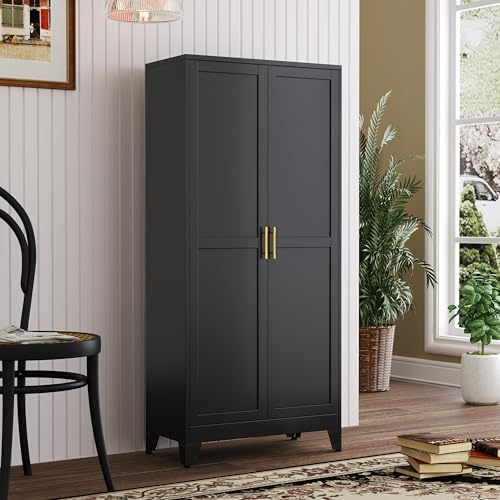 PAOFIN Metal Kitchen Pantry Storage Cabinet with 2 Doors and 3 Adjustable Shelves,Pantry Cabinet with Adjustable Leveling Foot for Kitchen, Living Room, Dining Room（Black）