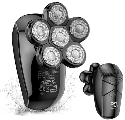 Kibiy - Maquinilla de afeitar eléctrica para hombre (5 en 1, LED, para calvicie, con 6 cabezales giratorios, afeitadora de cabeza húmeda y seca, recortadora de pelo para barba y nariz, kit de cuidado