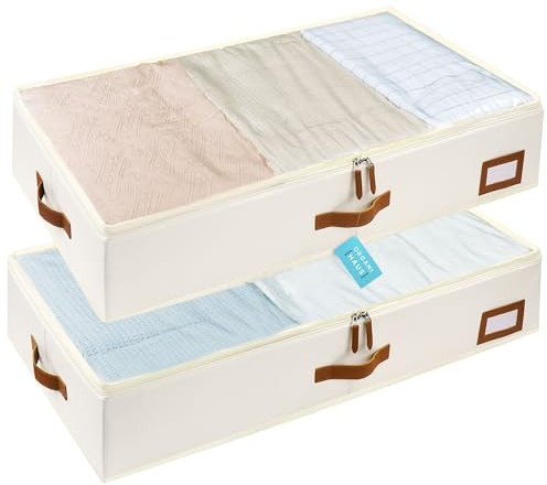 OrganiHaus Under Bed Storage Containers, Bedroom Storage and Organization Bins, Clothes Organizer for Closet with Clear Cover and Reinforced Handles - Set of 2 33x17x6 inches Off-White