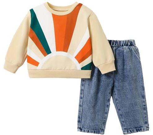 LUVCES Conjunto Bebe Niños Otoño Primavera Trajes Manga Larga Letras Impresión Sudadera Top + Pantalones de Mezclilla 2 Piezas Ropa Conjuntos Bloque de color albaricoque 12-18 Meses