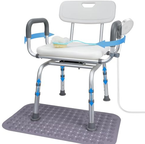 ANNOYTOOLS Duschstuhl für Senioren Drehbar 360°, 150kg Duschstuhl mit Armlehnen Und Rückenlehne mit rutschfeste Badematte Höhenverstellbarer