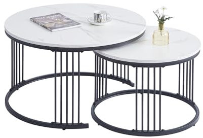 ZZINOKE Couchtisch Rund 2er Set,Weiß Couchtisch Marmor mit Schwarz Metallgestell,80x80 et 60x60cm,Wohnzimmertisch Modern,Moderne Wohnzimmertisch,Satztische fürs Wohnzimmer