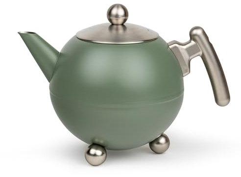 Bredemeijer große Kugelkanne 1.2 Liter - armee-grüne Teekanne aus doppelwandigem Edelstahl - für längeren, warmen Teegenuss