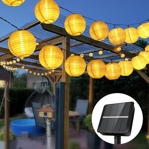 Auting Cadena de luces solares para exteriores, 12 m, 50 LED, luz blanca cálida, farolillo solar, para exteriores, 8 modos, resistente a la intemperie, para jardín, balcón, terraza, boda