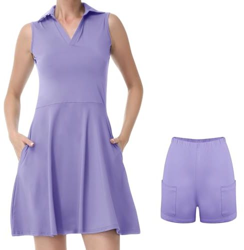 Bezioner Tennisklänning dam sportklänning med shorts poloklänning med fickor ärmlös golfklänning, Lila, XL