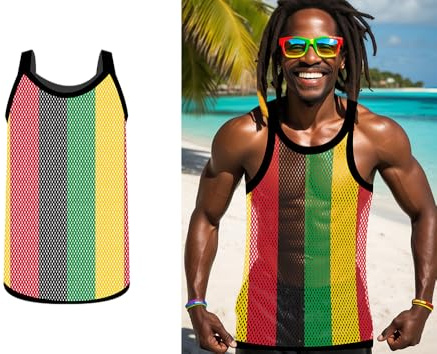 FIESTAS GUIRCA | T-shirt en Résille Jamaïque Multicolore - Accessoire de Costume pour Homme Adulte - Idéal pour Fêtes Déguisées, Carnaval et Célébrations à Thème