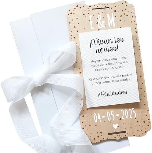 nagu® Boda. Regalos para Novios. Tarjeta Regalo Personalizada para Felicitar a los Novios o Regalos Invitados Boda de Madera, con Lazo, Sobre, Soporte y Letras Para Regalar Foto o Dinero