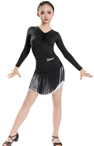 EFLALYHG Vestito da Ballo Latino a Maniche Corte per Ragazze, Body con Frange Divise Gonna Samba Tango Un Pezzo per Bambini Abbigliamento Ballo Costume Ballo da Sala,Bianca,130
