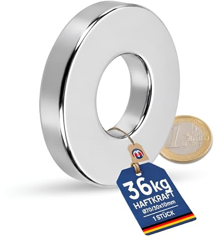 Imán Anillo Aro magnético Ø 70/30 mm, altura 10 mm Neodimio N42, niquelado - Fuerza de sujeción 36 kg - Anillos magnéticos Imanes permanentes de tierras raras