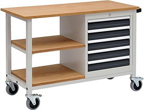 Werkbank B1200xT540xH859 grau/anthr. fahrbar Schubladen 5x100mm 25mm Multiplex