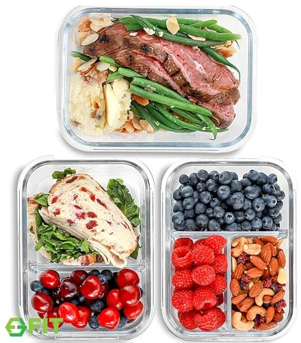 Glass Meal Prep Containers 1 & 2 & 3 Compartments, Airtight, 35 oz, 3 Pack