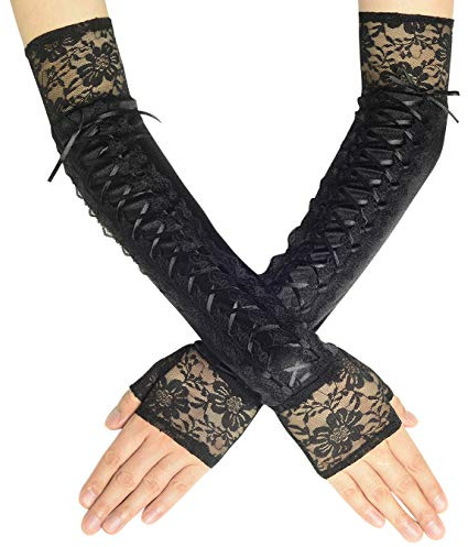 Coucoland Guantes largos para mujer, con cordones, ópera, fiesta, semiguantes, disfraz de mujer, accesorios de disfraz, Encaje Borde Negro