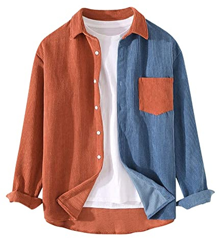 Oanviso Camicia Uomo Giacca da Uomo Velluto a Coste Camicia con Risvolto Manica Lunga Casual Camicia con Pulsanti Primavera Splicing Moda Autunno Colori Contrastanti Giacca Leggera D Arancione M