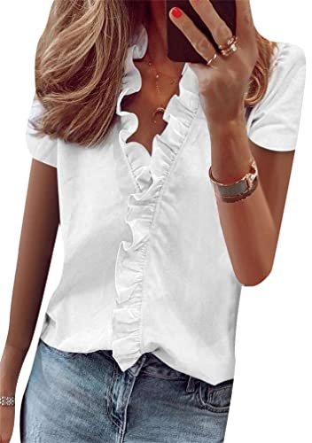 BOFETA Women's Short Sleeve Ruffle Slim Stand Collar Embroidery Button Blouse Top White L
